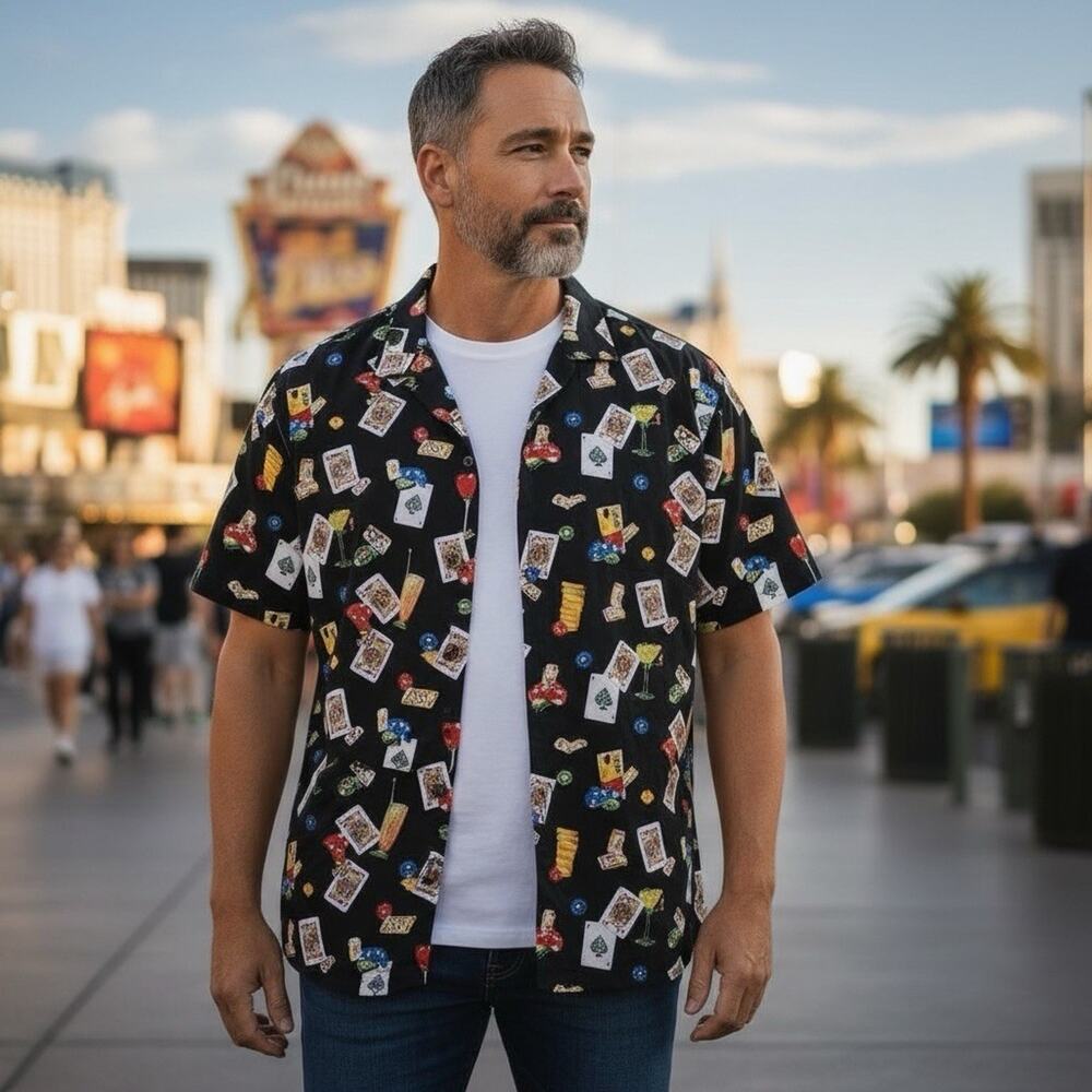 Vintage Vegas Shirt XL Button Up Hawaiian Casino Gambling Poker Cards Game Night